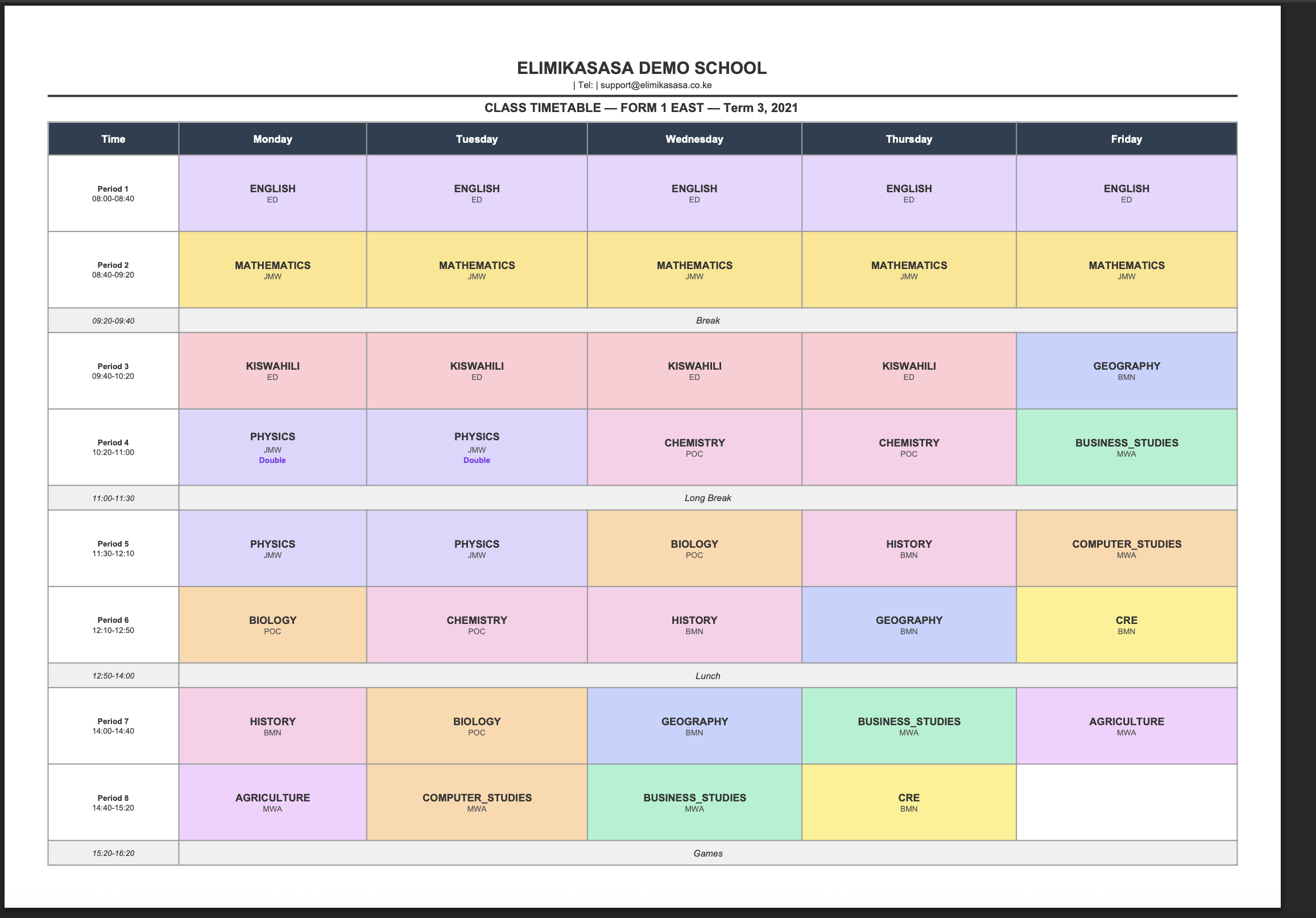 Elimika TimeTabler - Color-coded class timetable showing FORM 1 EAST with subjects, teacher initials, double periods, and break rows
